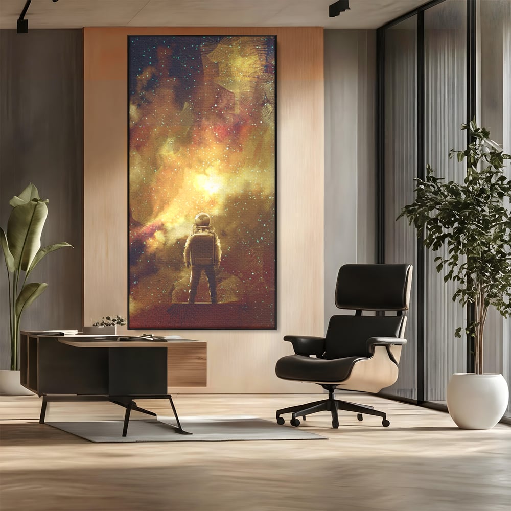 Tablou canvas cu ilustratie cu astronaut privind stelele, in rama de aluminiu negru, pe perete intr-un birou