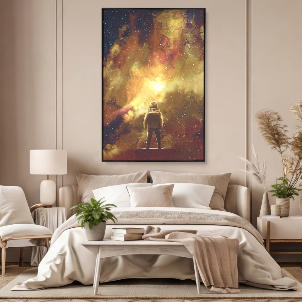 Tablou canvas cu ilustratie cu astronaut privind stelele, in rama de aluminiu negru, pe perete intr-un dormitor