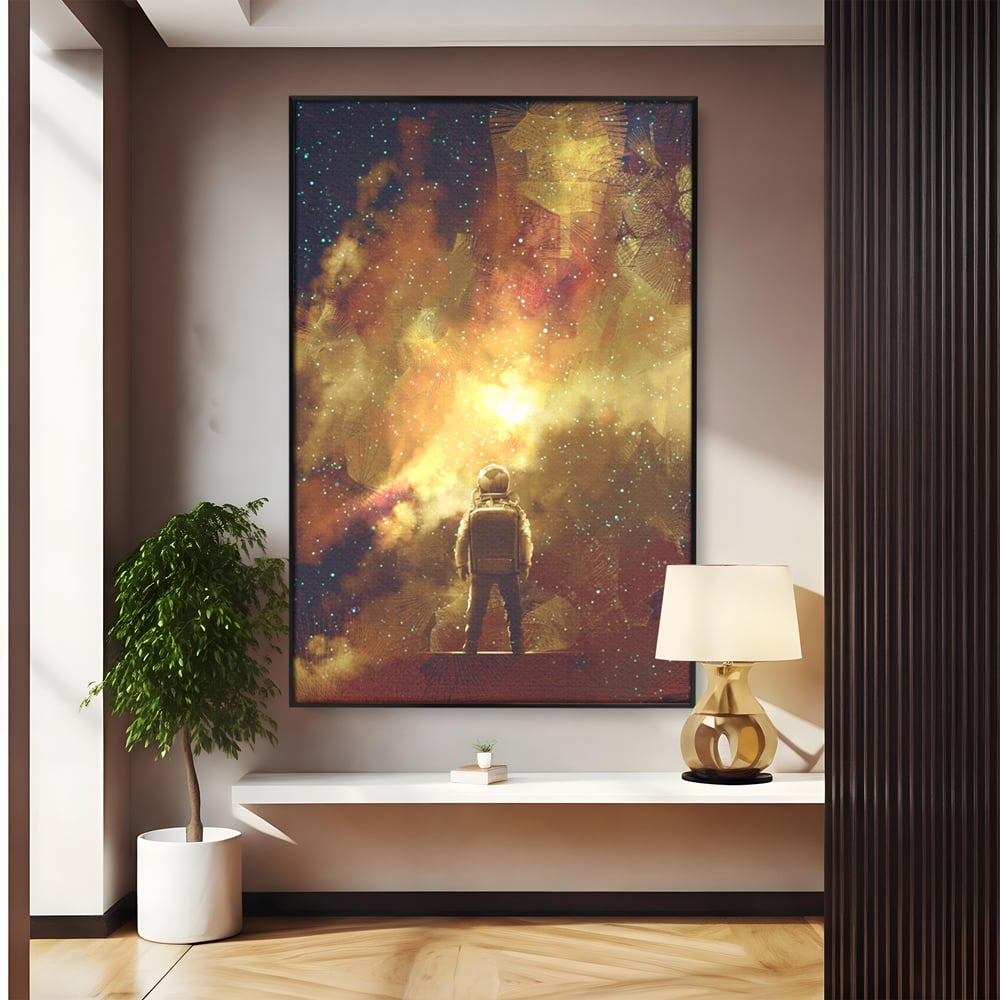 Tablou canvas cu ilustratie cu astronaut privind stelele, in rama de aluminiu negru