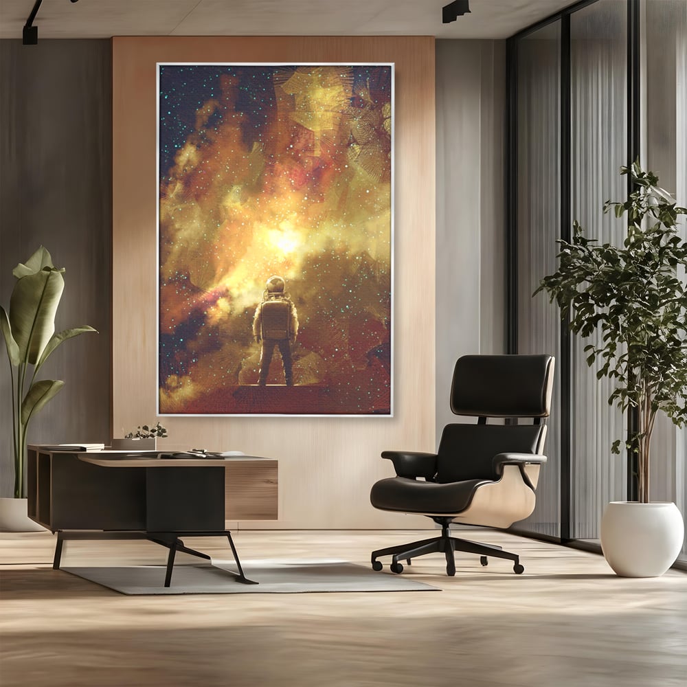 Tablou canvas cu ilustratie cu astronaut privind stelele, in rama de aluminiu argintiu, pe perete intr-un birou
