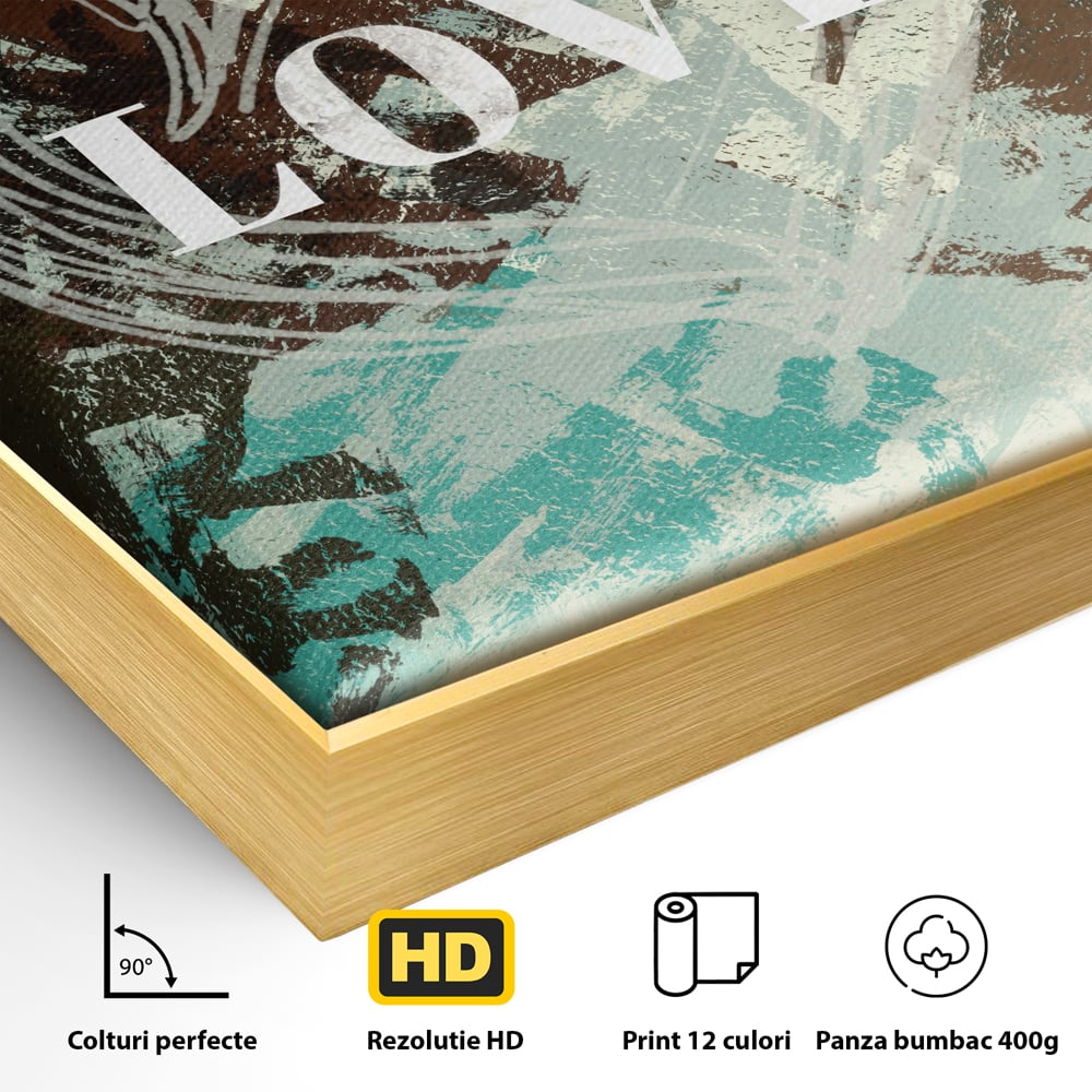 Detaliu al suprafetei: tablou canvas cu inima desenata si text, in rama de aluminiu auriu