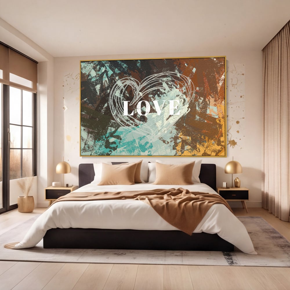 Tablou canvas cu tablou canvas cu inima desenata si text, in rama de aluminiu auriu, pe perete intr-un dormitor