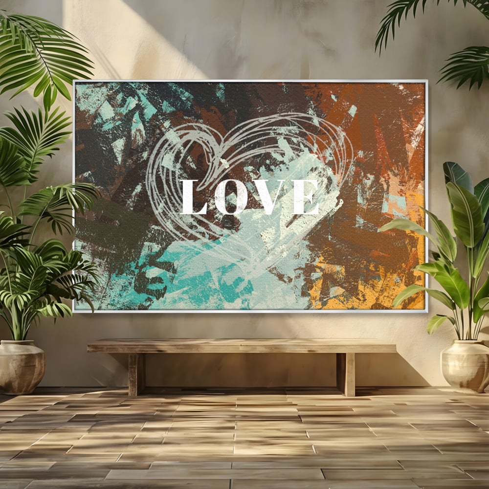 Tablou canvas cu tablou canvas cu inima desenata si text, in rama de aluminiu argintiu