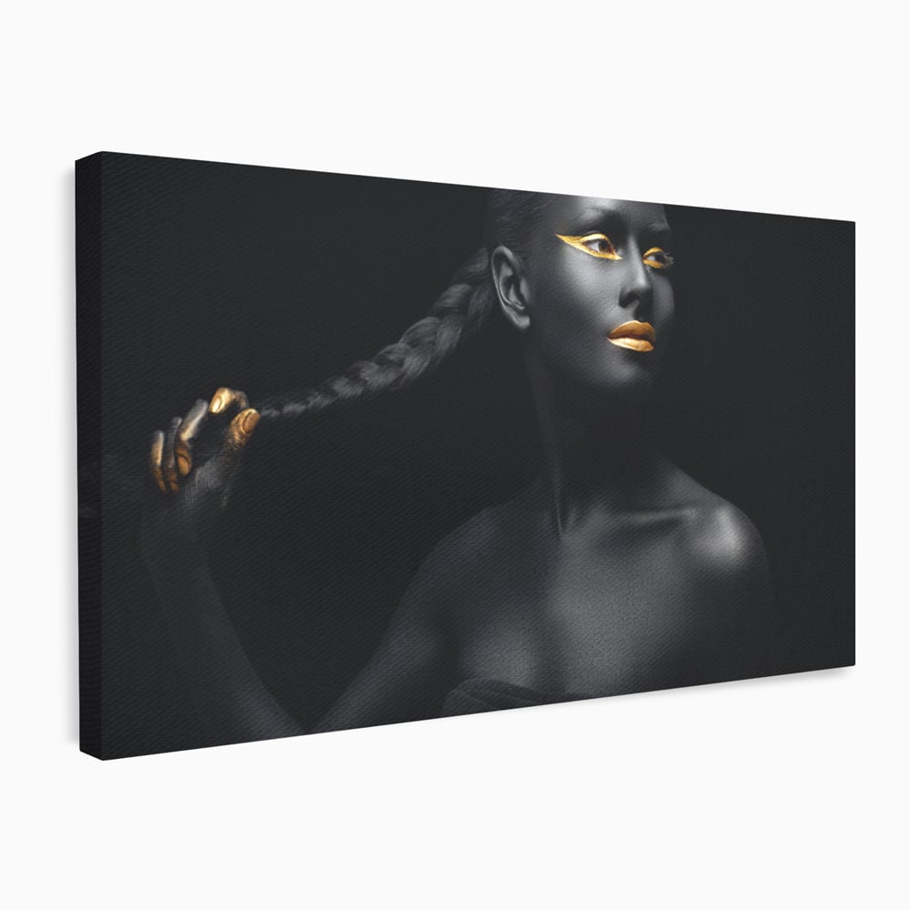 Tablou canvas cu tablou canvas cu femeie vopsita in negru si auriu, fara rama, pe sasiu de lemn