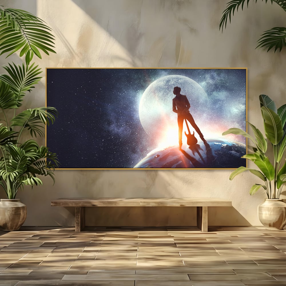 Tablou canvas cu ilustratie digitala cu un cantaret pe glob, in rama de aluminiu auriu