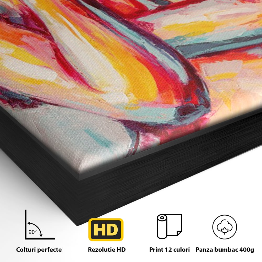 Detaliu al suprafetei: tablou canvas cu femeie nud abstracta, in rama de aluminiu negru