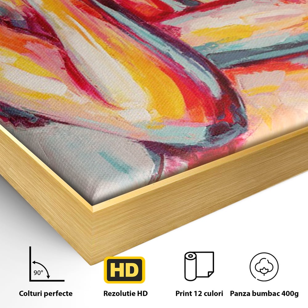 Detaliu al suprafetei: tablou canvas cu femeie nud abstracta, in rama de aluminiu auriu