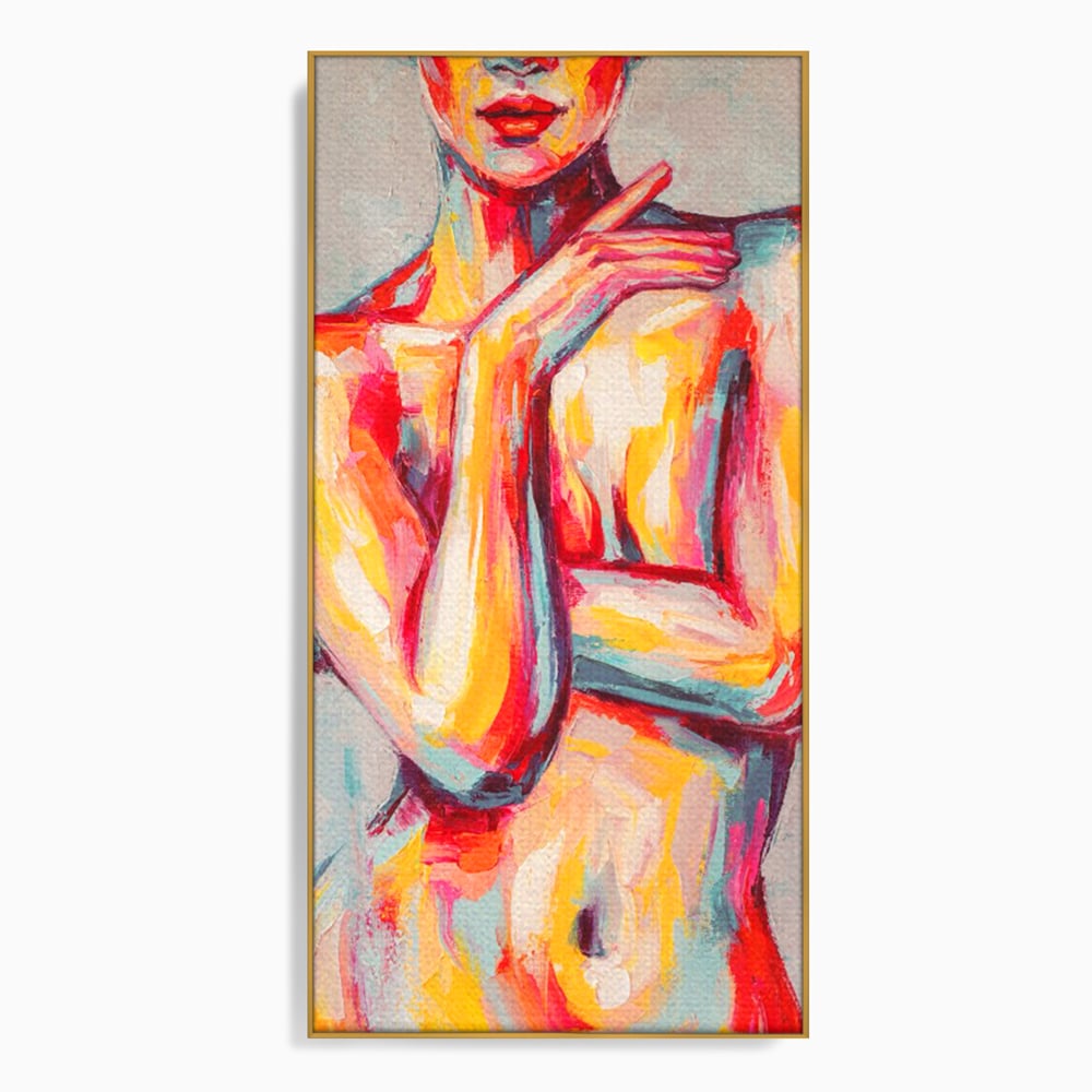 Tablou canvas cu tablou canvas cu femeie nud abstracta, in rama de aluminiu auriu