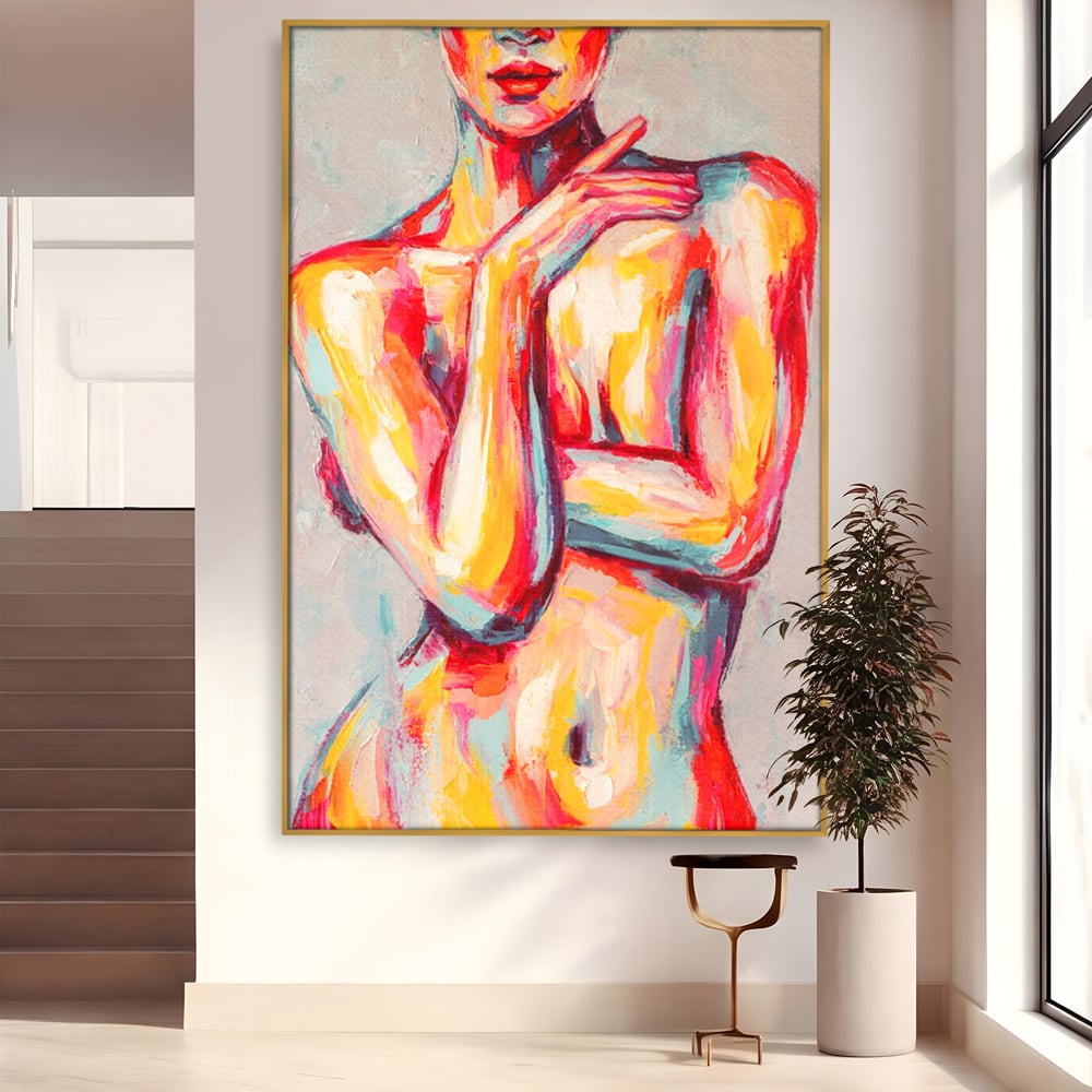 Tablou canvas cu tablou canvas cu femeie nud abstracta, in rama de aluminiu auriu