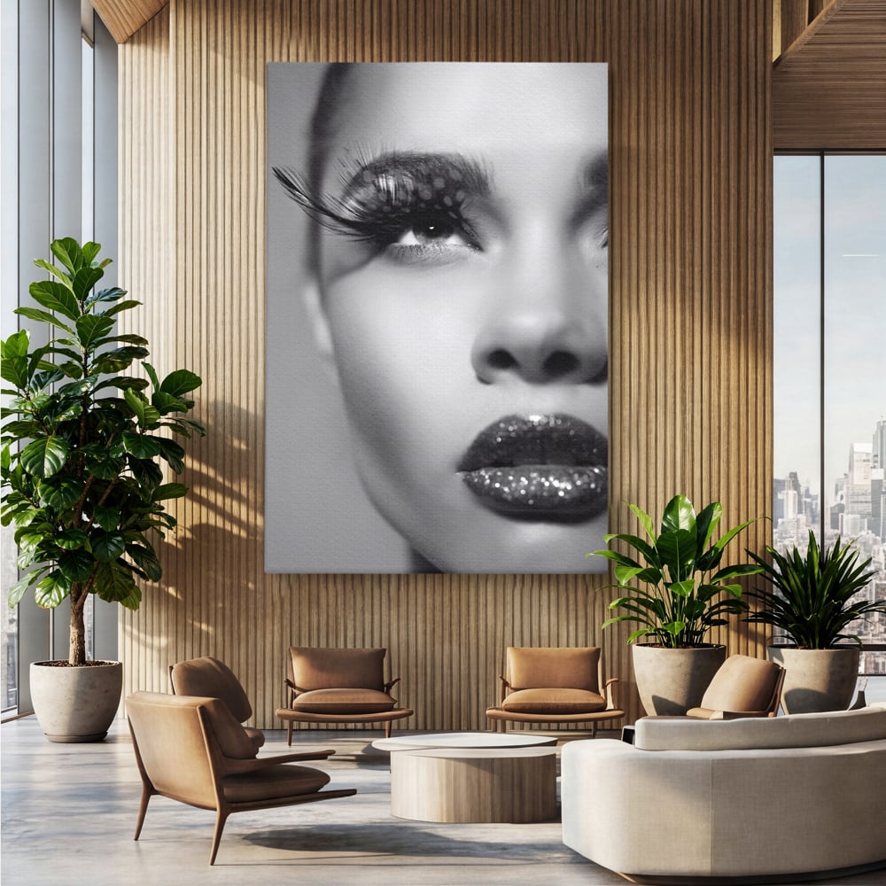 Tablou canvas cu tablou canvas cu portret alb-negru, fara rama, pe sasiu de lemn, pe perete intr-un birou
