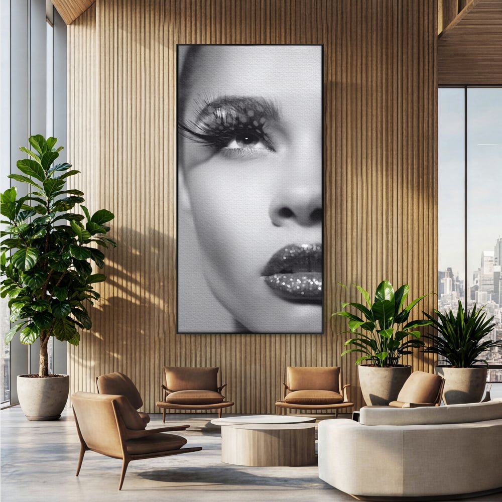 Tablou canvas cu tablou canvas cu portret alb-negru, in rama de aluminiu negru, pe perete intr-un birou
