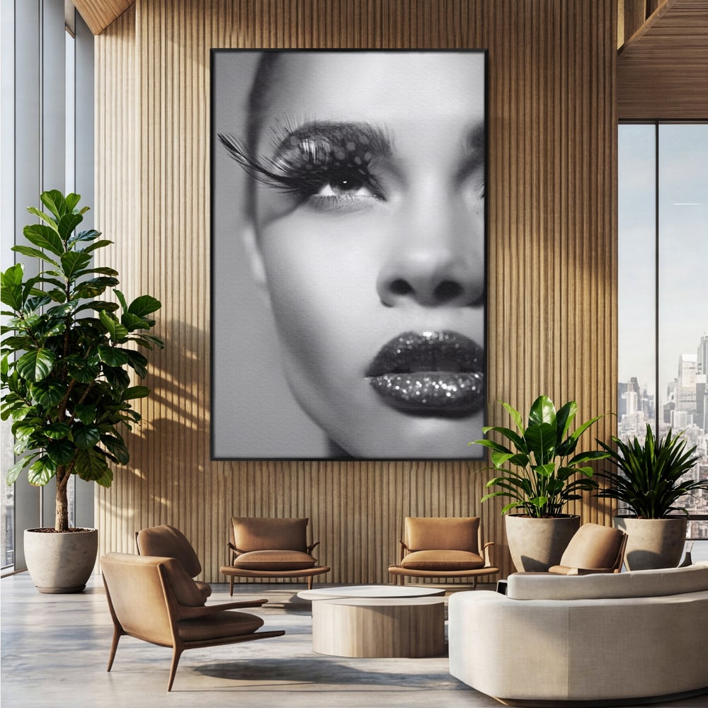 Tablou canvas cu tablou canvas cu portret alb-negru, in rama de aluminiu negru, pe perete intr-un birou