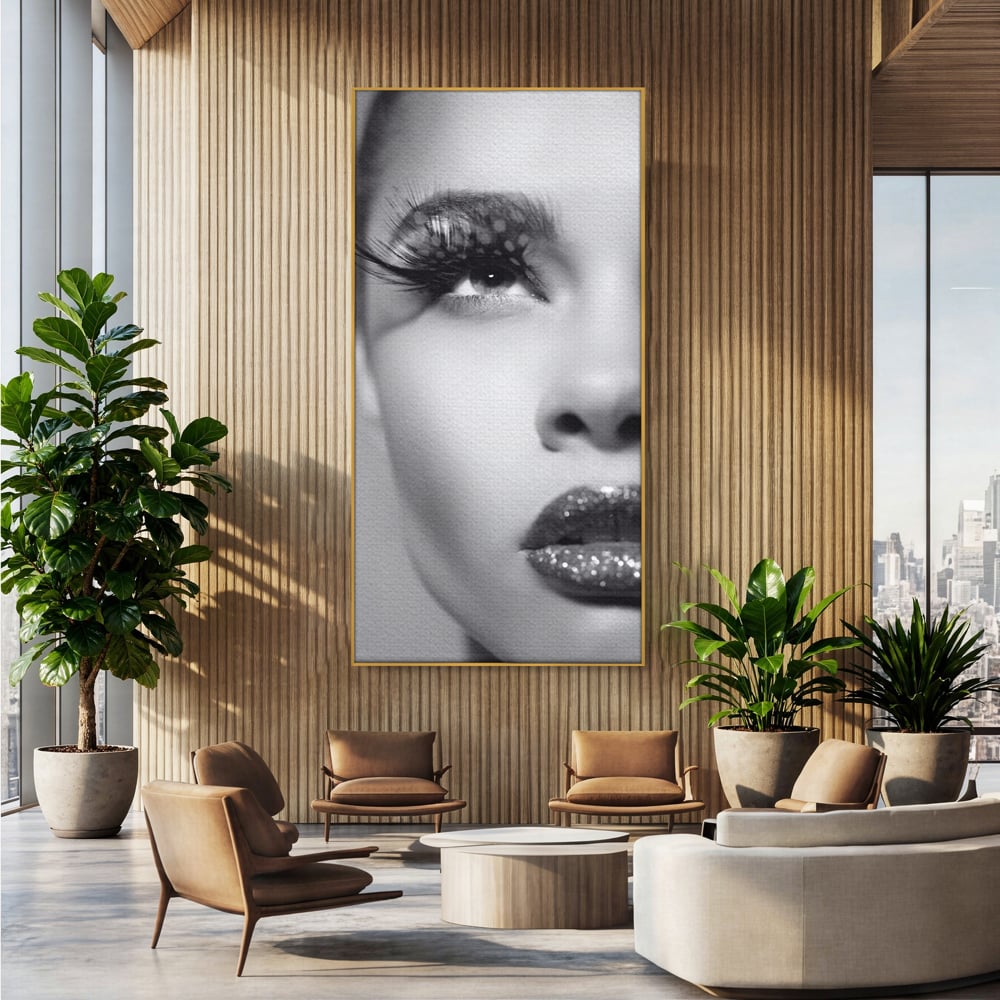 Tablou canvas cu tablou canvas cu portret alb-negru, in rama de aluminiu auriu, pe perete intr-un birou