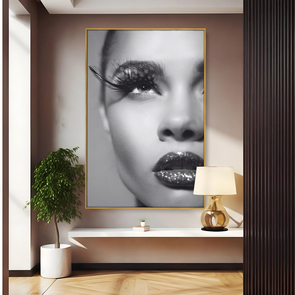 Tablou canvas cu tablou canvas cu portret alb-negru, in rama de aluminiu auriu