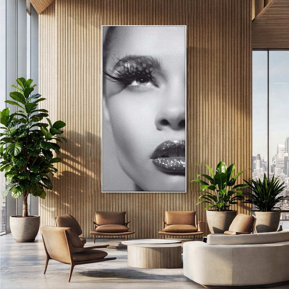 Tablou canvas cu tablou canvas cu portret alb-negru, in rama de aluminiu argintiu, pe perete intr-un birou