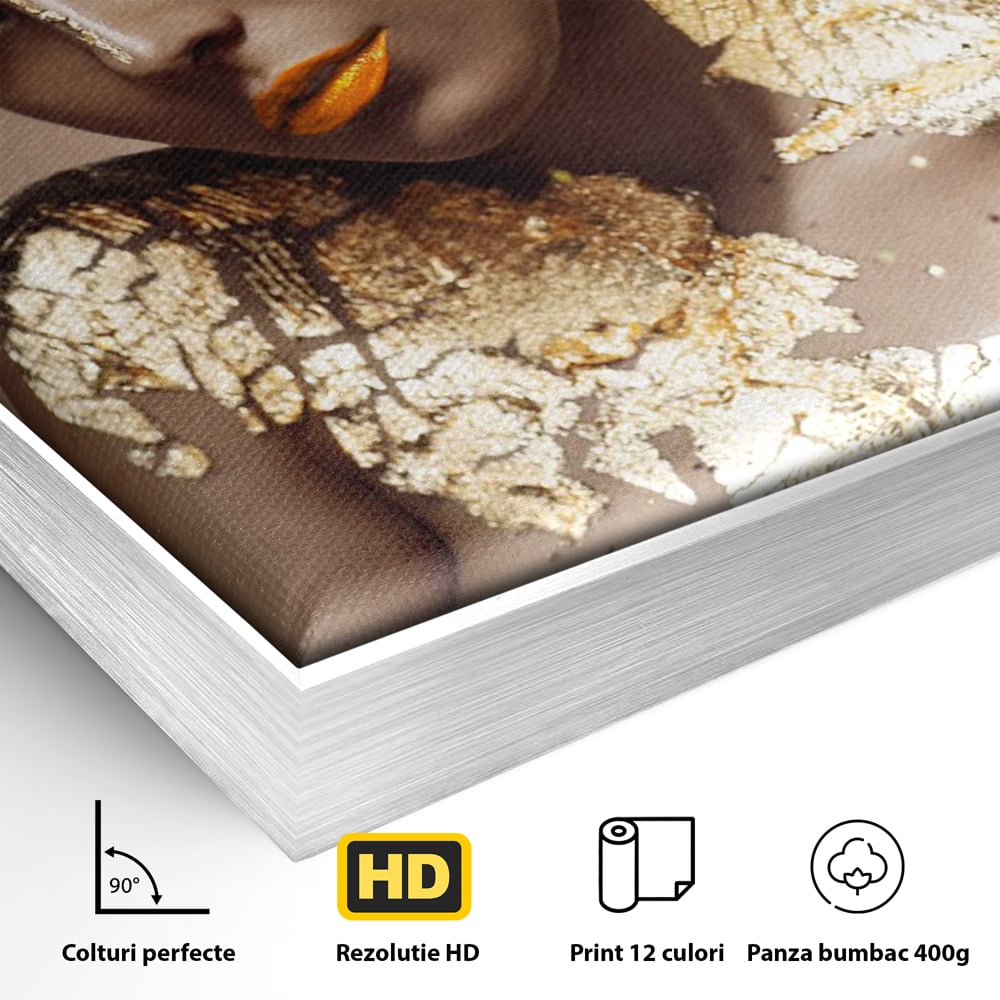 Detaliu al suprafetei: tablou canvas cu femeie si foita de aur, in rama de aluminiu argintiu