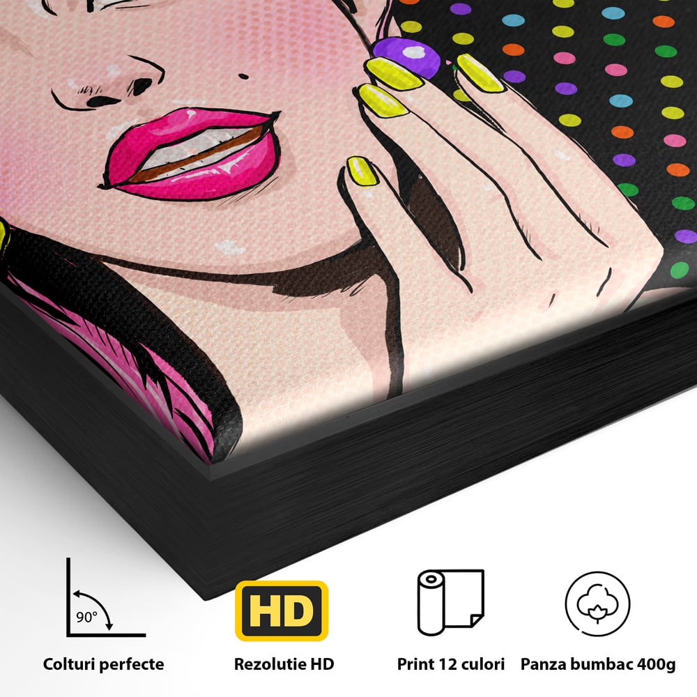 Detaliu al suprafetei: ilustratie pop art cu femeie, in rama de aluminiu negru
