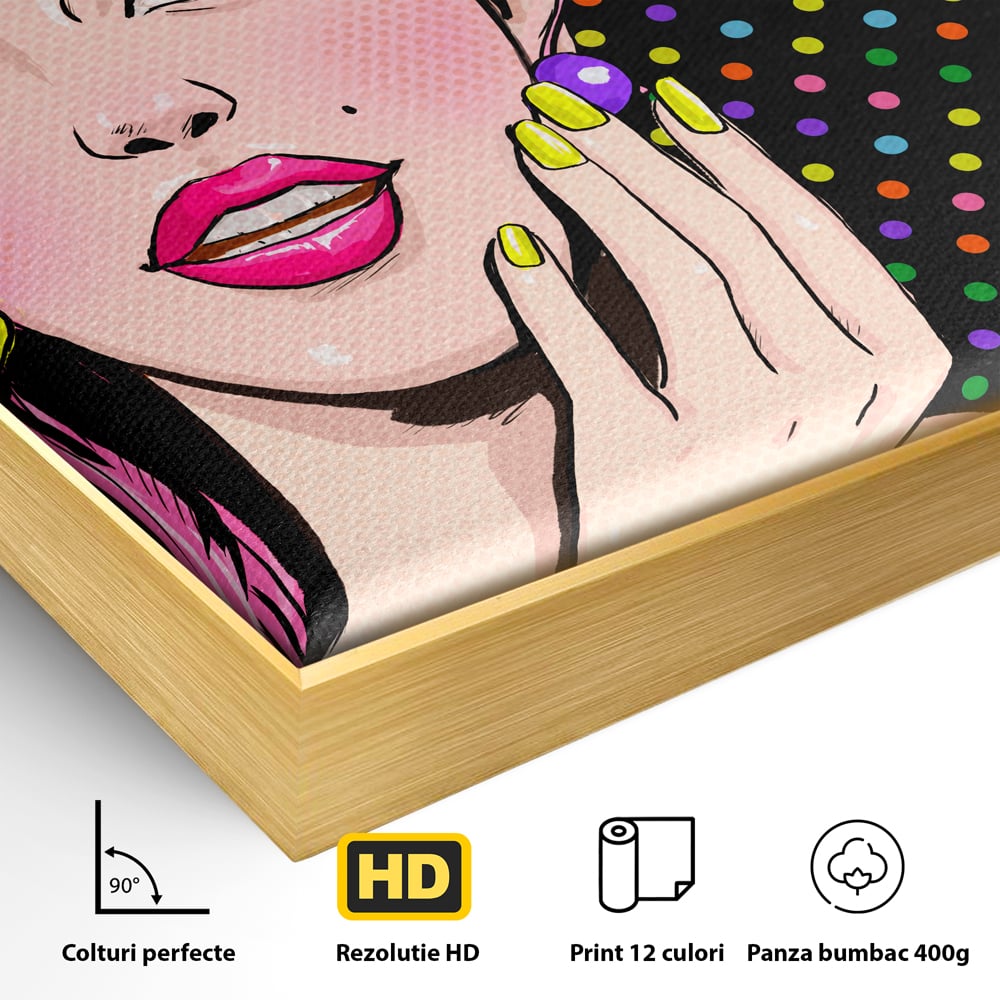 Detaliu al suprafetei: ilustratie pop art cu femeie, in rama de aluminiu auriu
