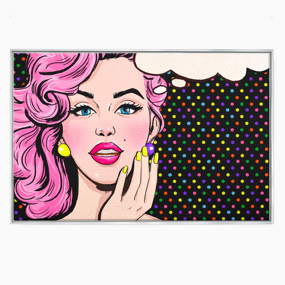 Tablou canvas cu ilustratie pop art cu femeie, in rama de aluminiu argintiu