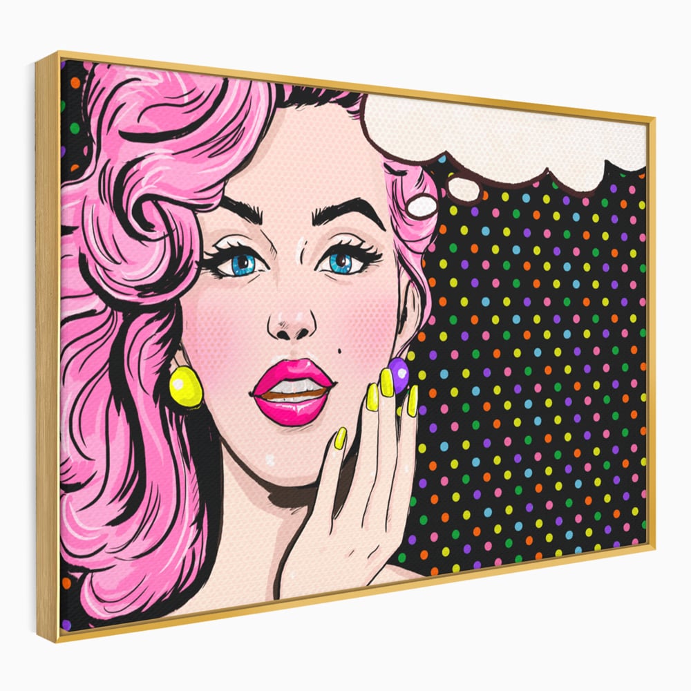 Tablou canvas cu ilustratie pop art cu femeie, in rama de aluminiu auriu
