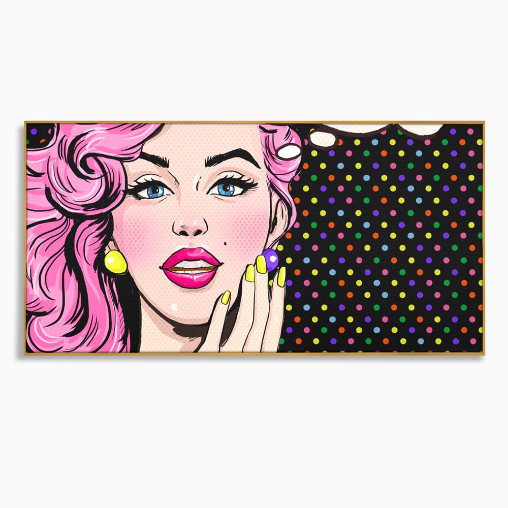 Tablou canvas cu ilustratie pop art cu femeie, in rama de aluminiu auriu