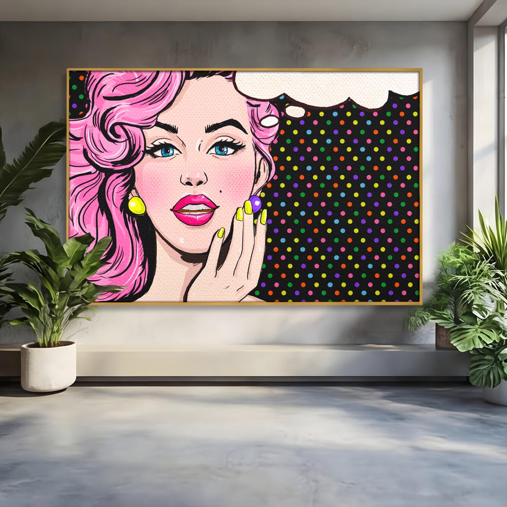 Tablou canvas cu ilustratie pop art cu femeie, in rama de aluminiu auriu