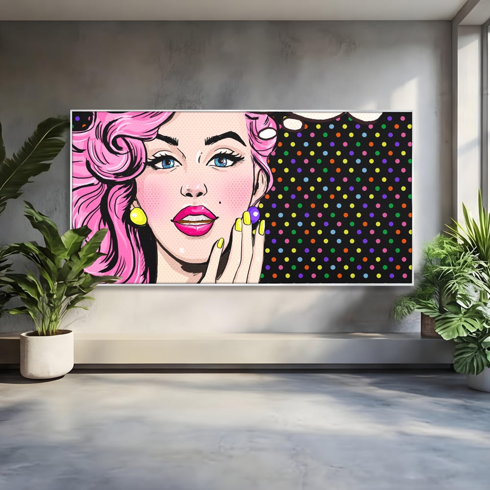Tablou canvas cu ilustratie pop art cu femeie, in rama de aluminiu argintiu