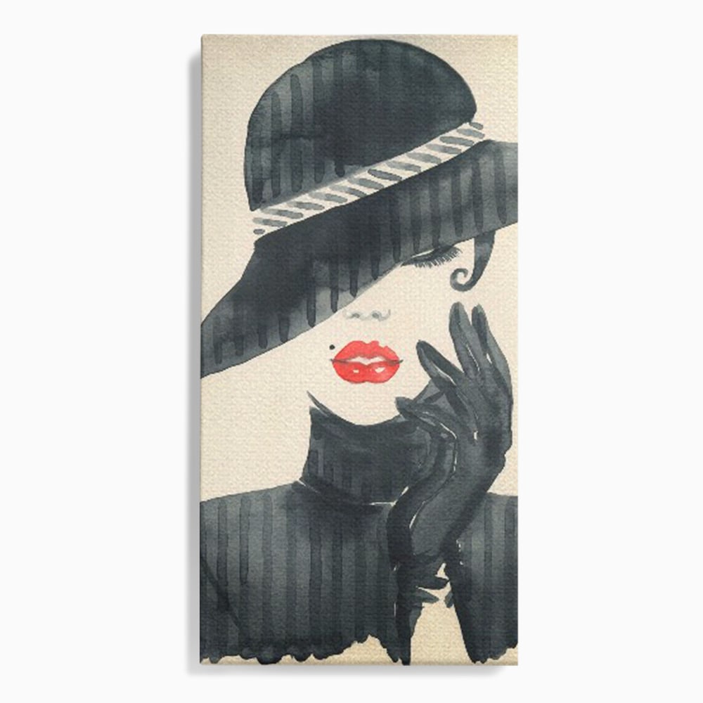 Tablou canvas cu ilustratie moda femeie cu palarie si buze rosii, fara rama, pe sasiu de lemn