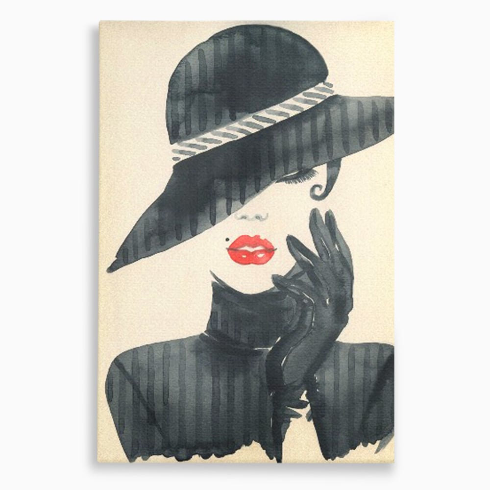 Tablou canvas cu ilustratie moda femeie cu palarie si buze rosii, fara rama, pe sasiu de lemn