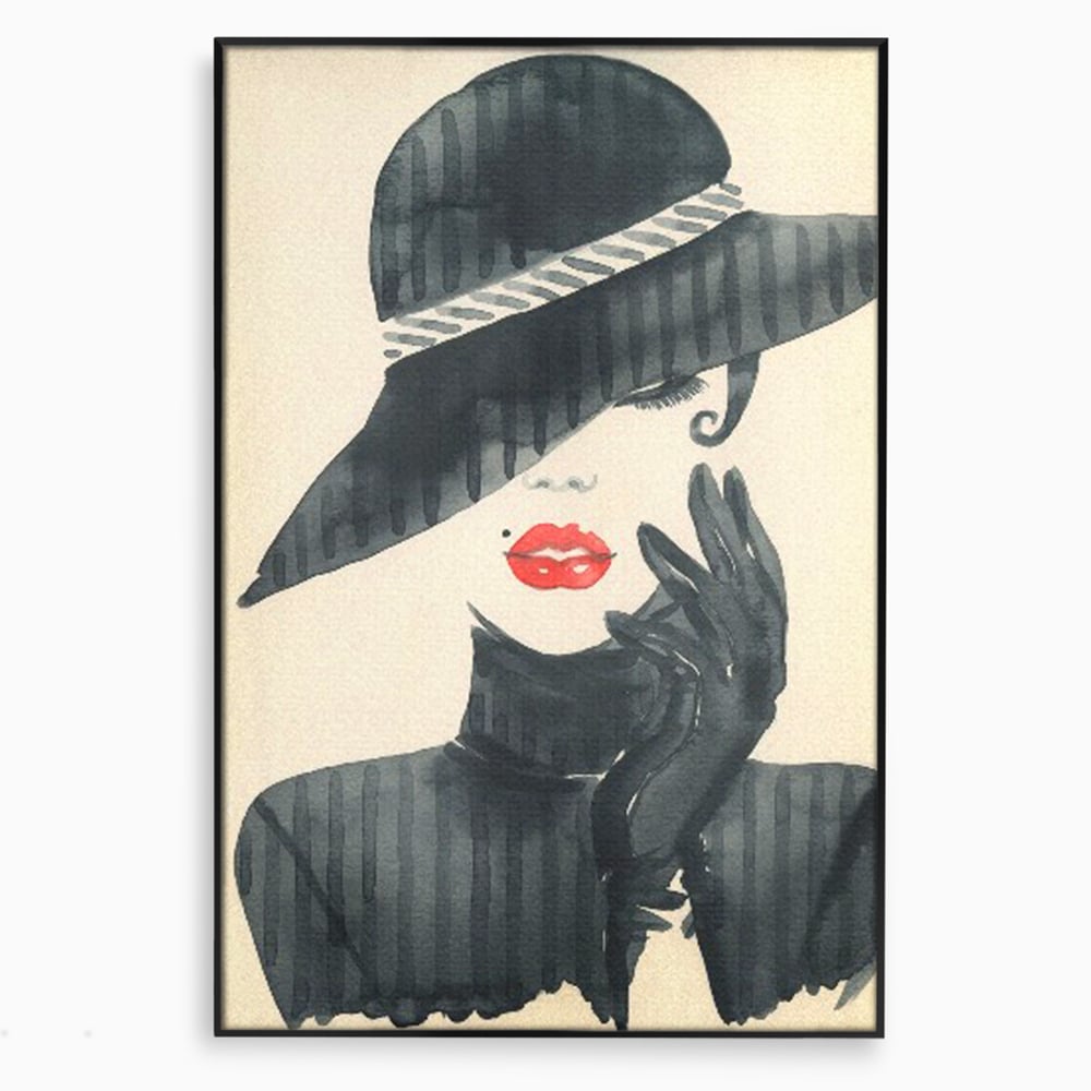 Tablou canvas cu ilustratie moda femeie cu palarie si buze rosii, in rama de aluminiu negru