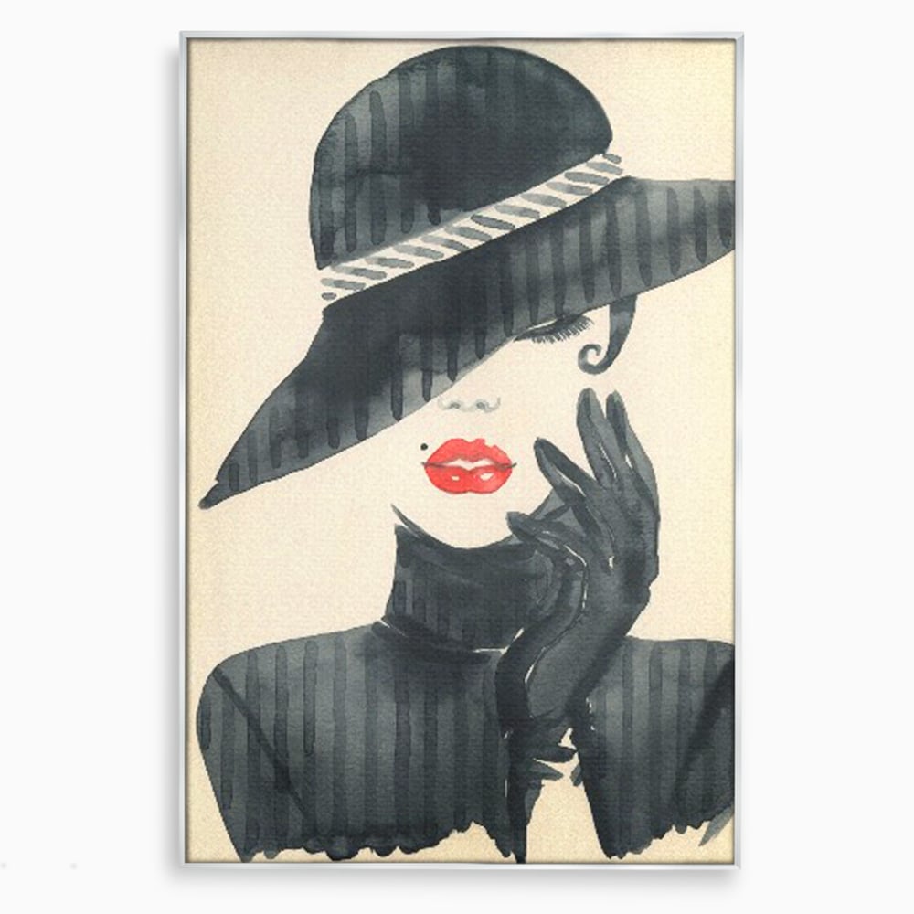 Tablou canvas cu ilustratie moda femeie cu palarie si buze rosii, in rama de aluminiu argintiu