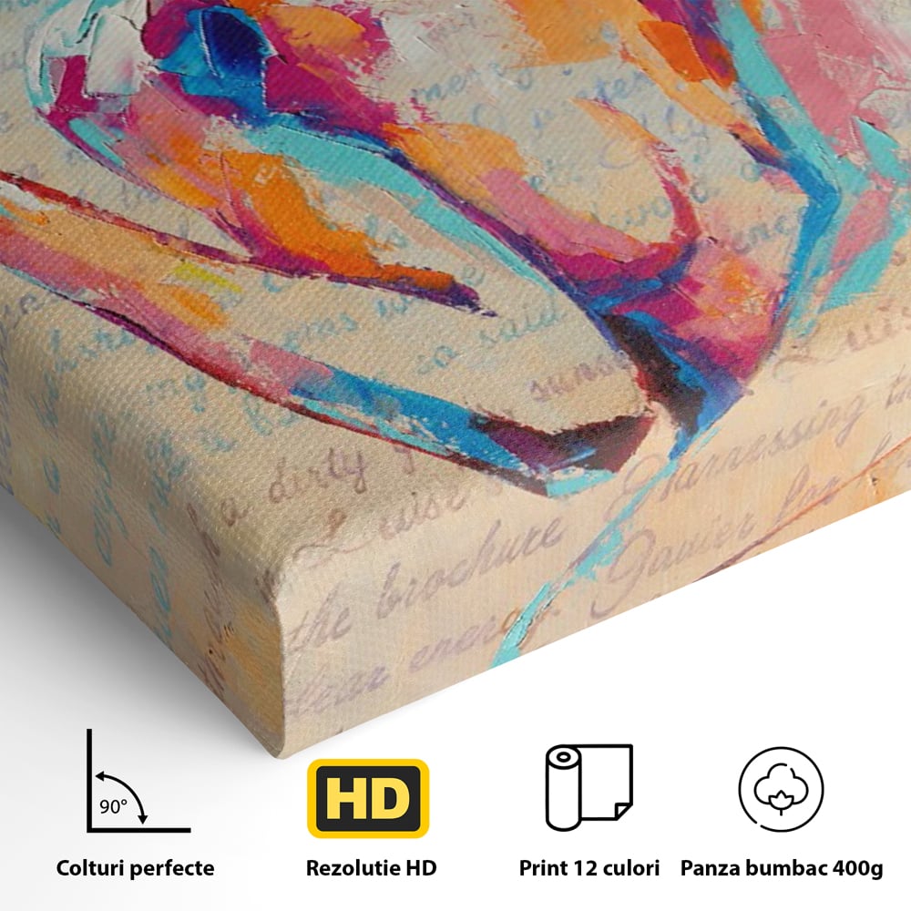 Detaliu al suprafetei: tablou canvas cu portret abstract de femeie, fara rama, pe sasiu de lemn