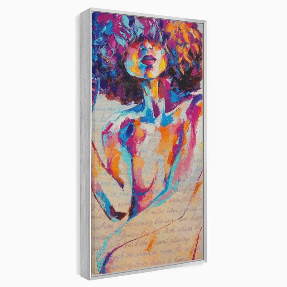 Tablou canvas cu tablou canvas cu portret abstract de femeie, in rama de aluminiu argintiu