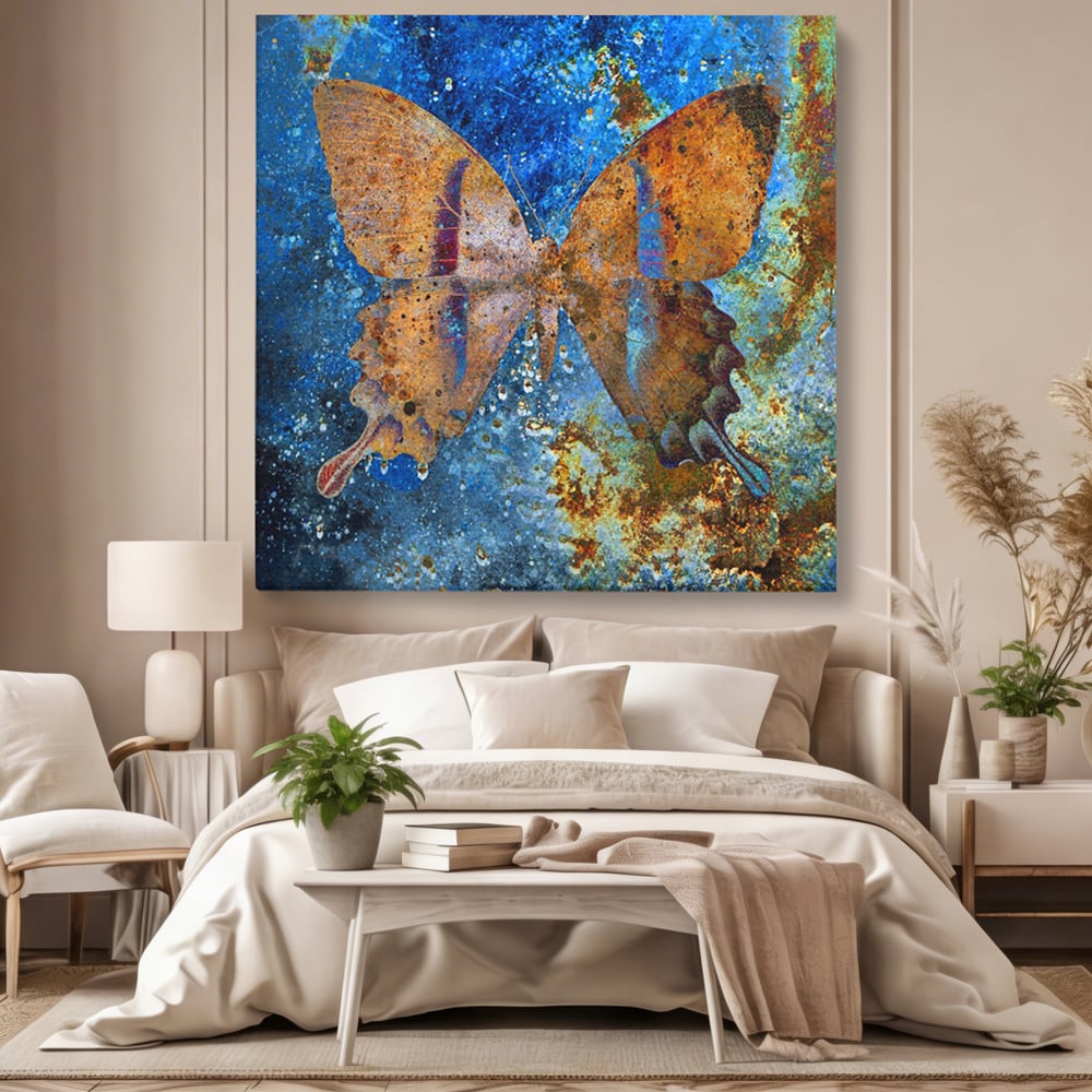 Tablou canvas cu tablou patrat cu fluture ruginiu, fara rama, pe sasiu de lemn, pe perete intr-un dormitor