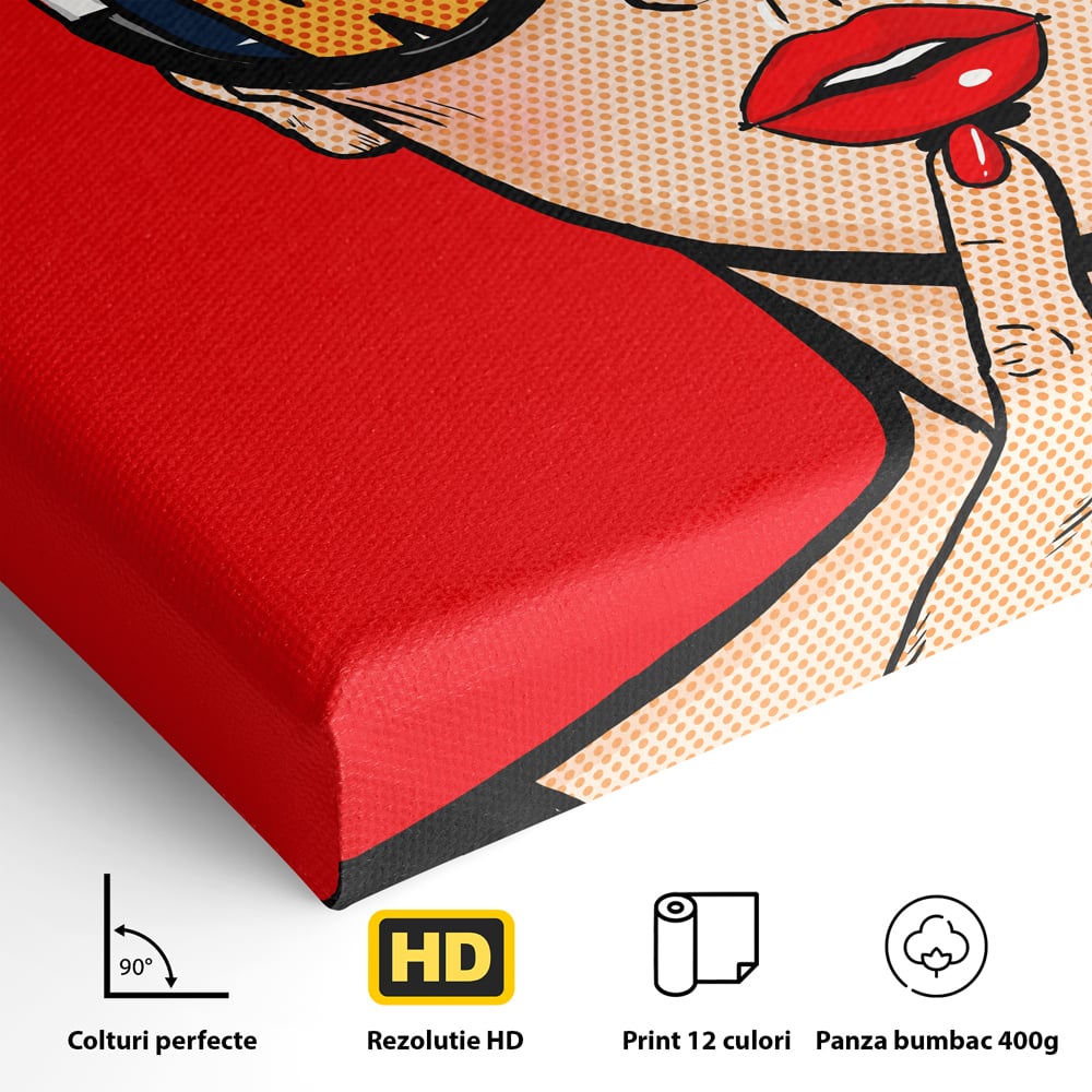 Detaliu al suprafetei: ilustratie pop art cu femeie cu ochelari, fara rama, pe sasiu de lemn