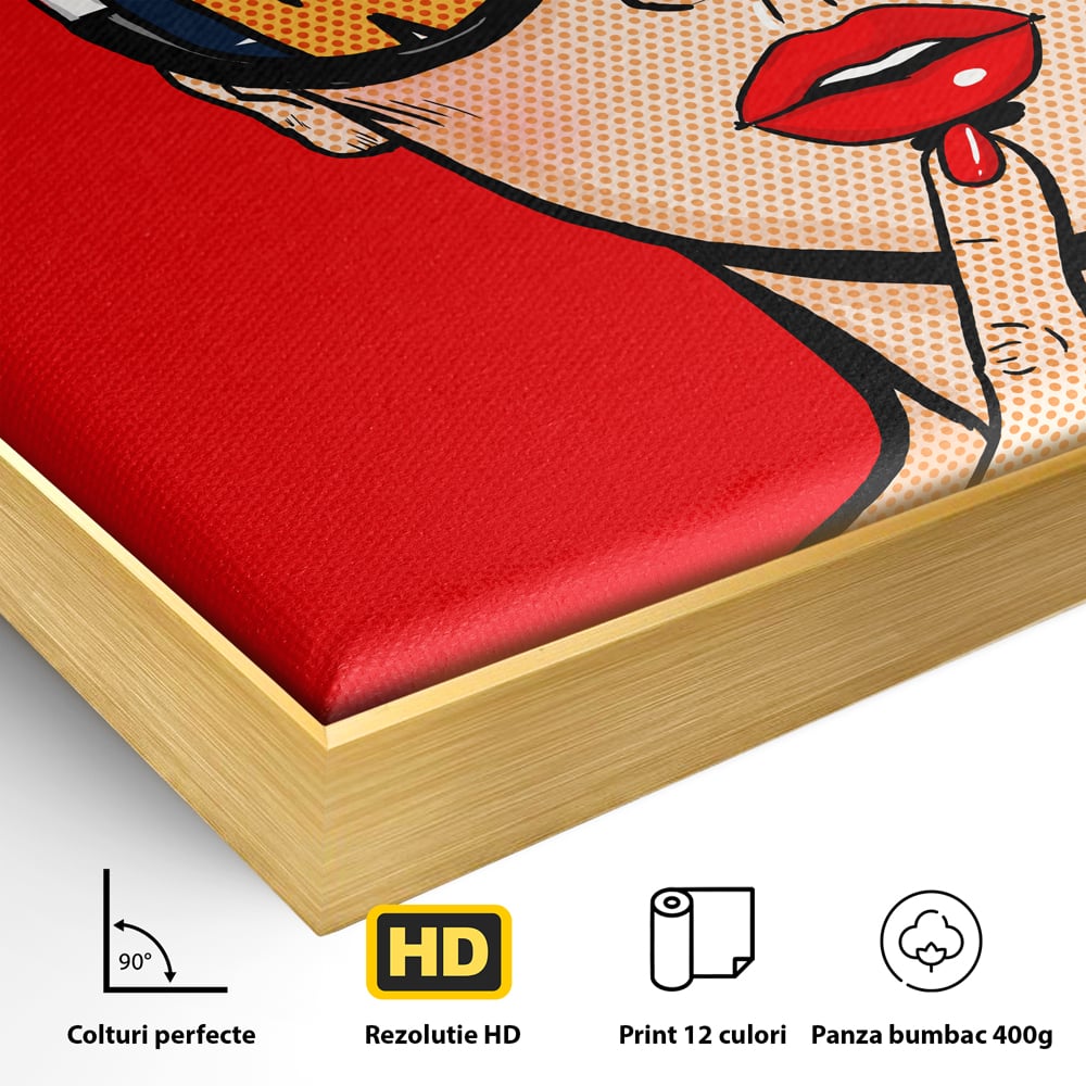 Detaliu al suprafetei: ilustratie pop art cu femeie cu ochelari, in rama de aluminiu auriu
