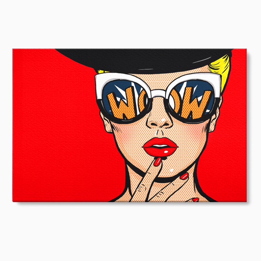 Tablou canvas cu ilustratie pop art cu femeie cu ochelari, fara rama, pe sasiu de lemn