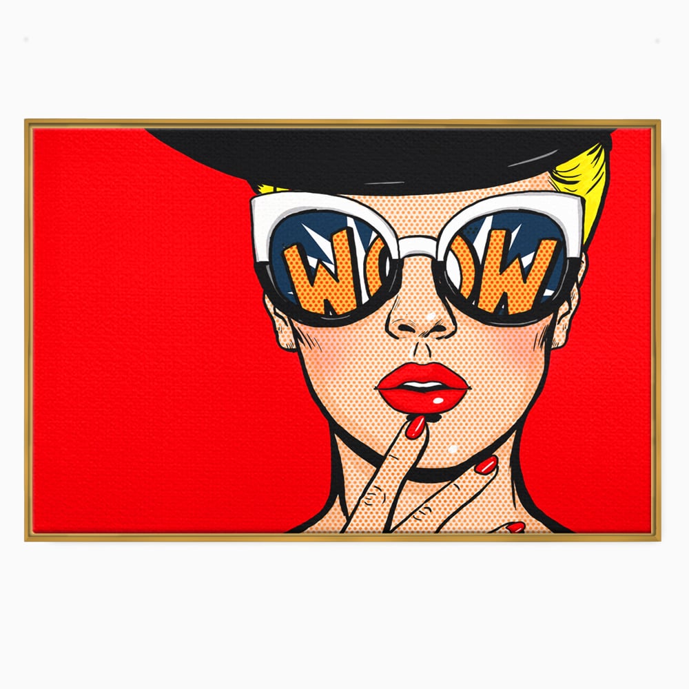 Tablou canvas cu ilustratie pop art cu femeie cu ochelari, in rama de aluminiu auriu