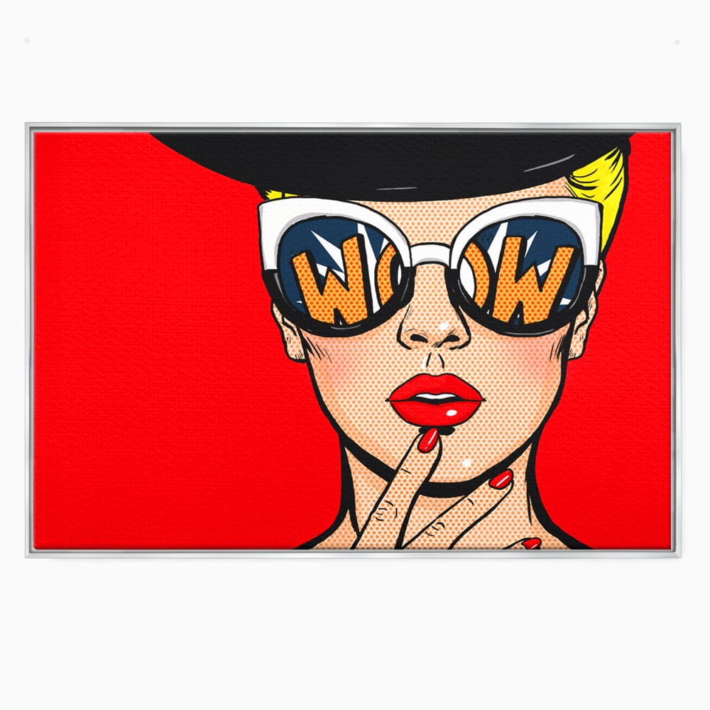 Tablou canvas cu ilustratie pop art cu femeie cu ochelari, in rama de aluminiu argintiu