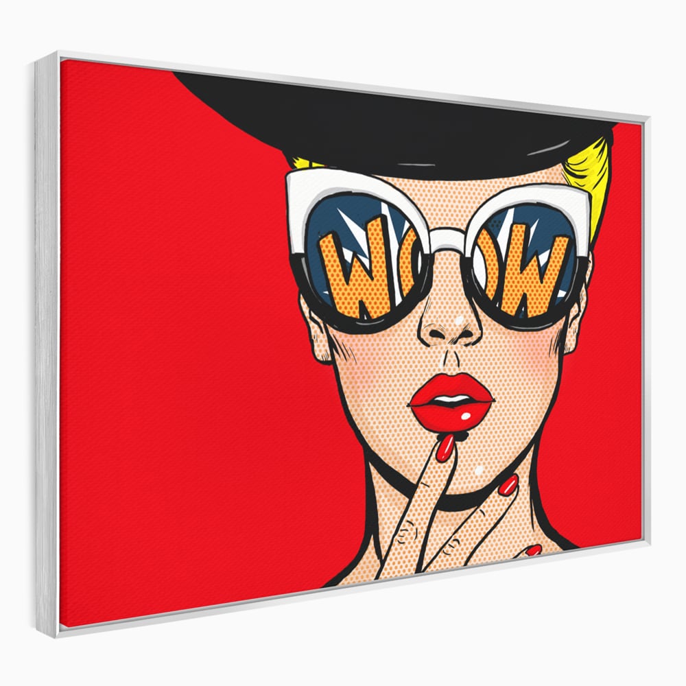 Tablou canvas cu ilustratie pop art cu femeie cu ochelari, in rama de aluminiu argintiu