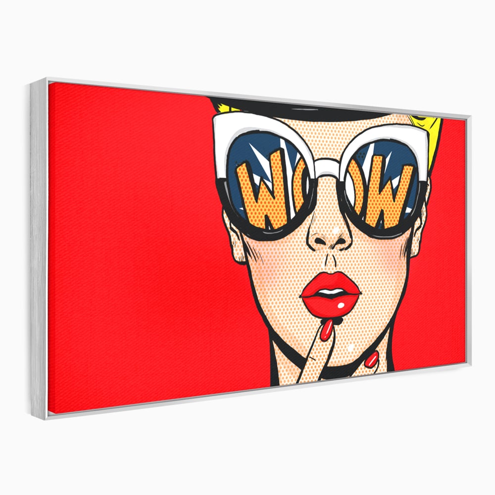 Tablou canvas cu ilustratie pop art cu femeie cu ochelari, in rama de aluminiu argintiu