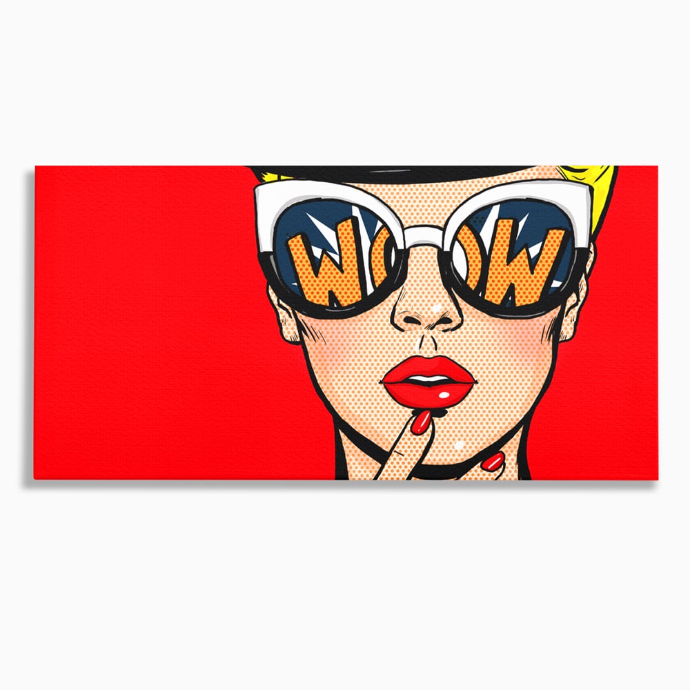 Tablou canvas cu ilustratie pop art cu femeie cu ochelari, fara rama, pe sasiu de lemn