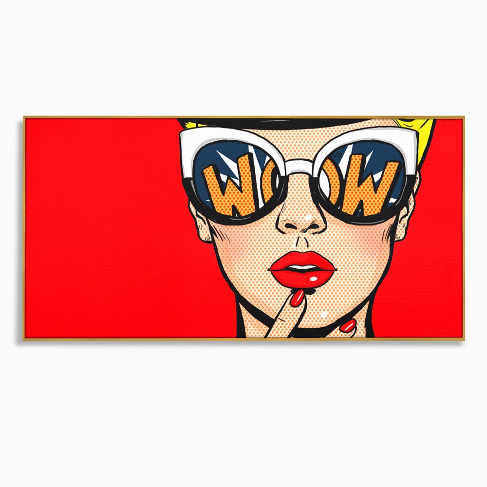 Tablou canvas cu ilustratie pop art cu femeie cu ochelari, in rama de aluminiu auriu