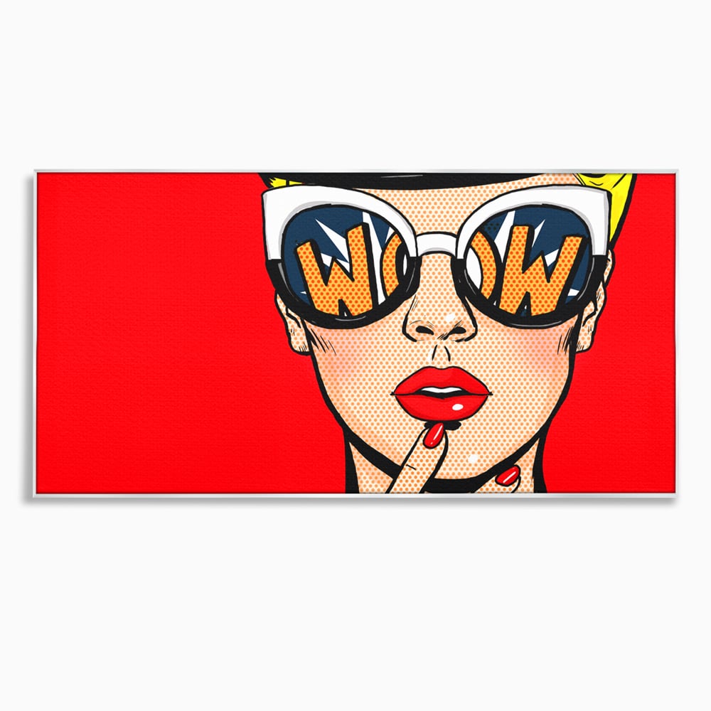 Tablou canvas cu ilustratie pop art cu femeie cu ochelari, in rama de aluminiu argintiu
