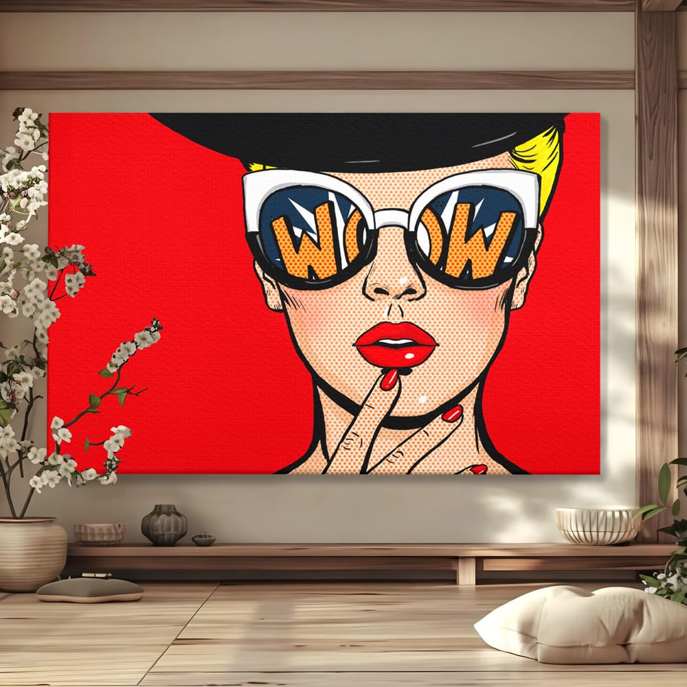 Tablou canvas cu ilustratie pop art cu femeie cu ochelari, fara rama, pe sasiu de lemn