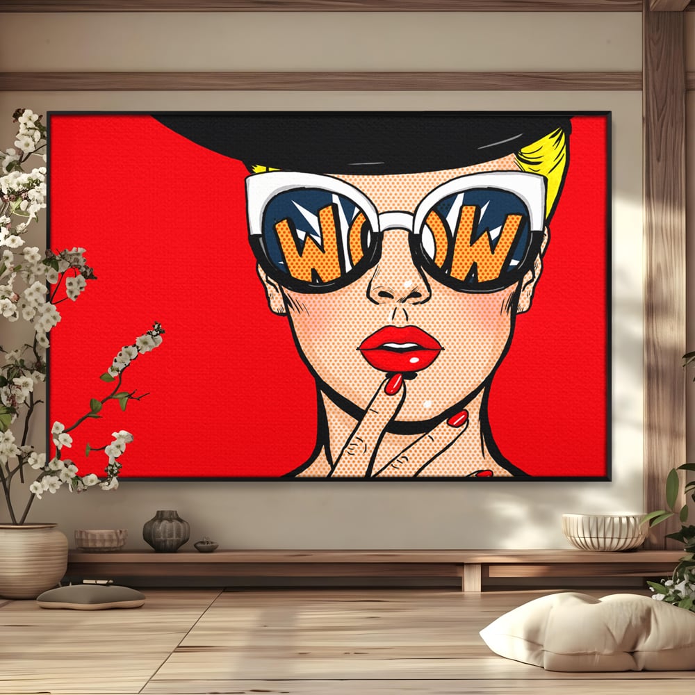 Tablou canvas cu ilustratie pop art cu femeie cu ochelari, in rama de aluminiu negru