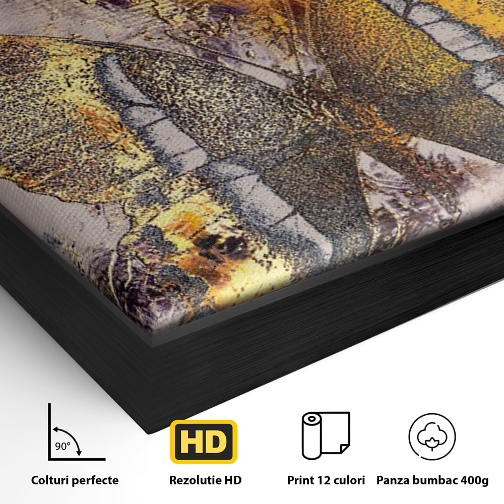 Detaliu al suprafetei: tablou vertical cu fluture auriu si texturi abstracte, in rama de aluminiu negru