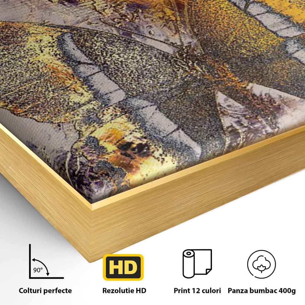 Detaliu al suprafetei: tablou vertical cu fluture auriu si texturi abstracte, in rama de aluminiu auriu