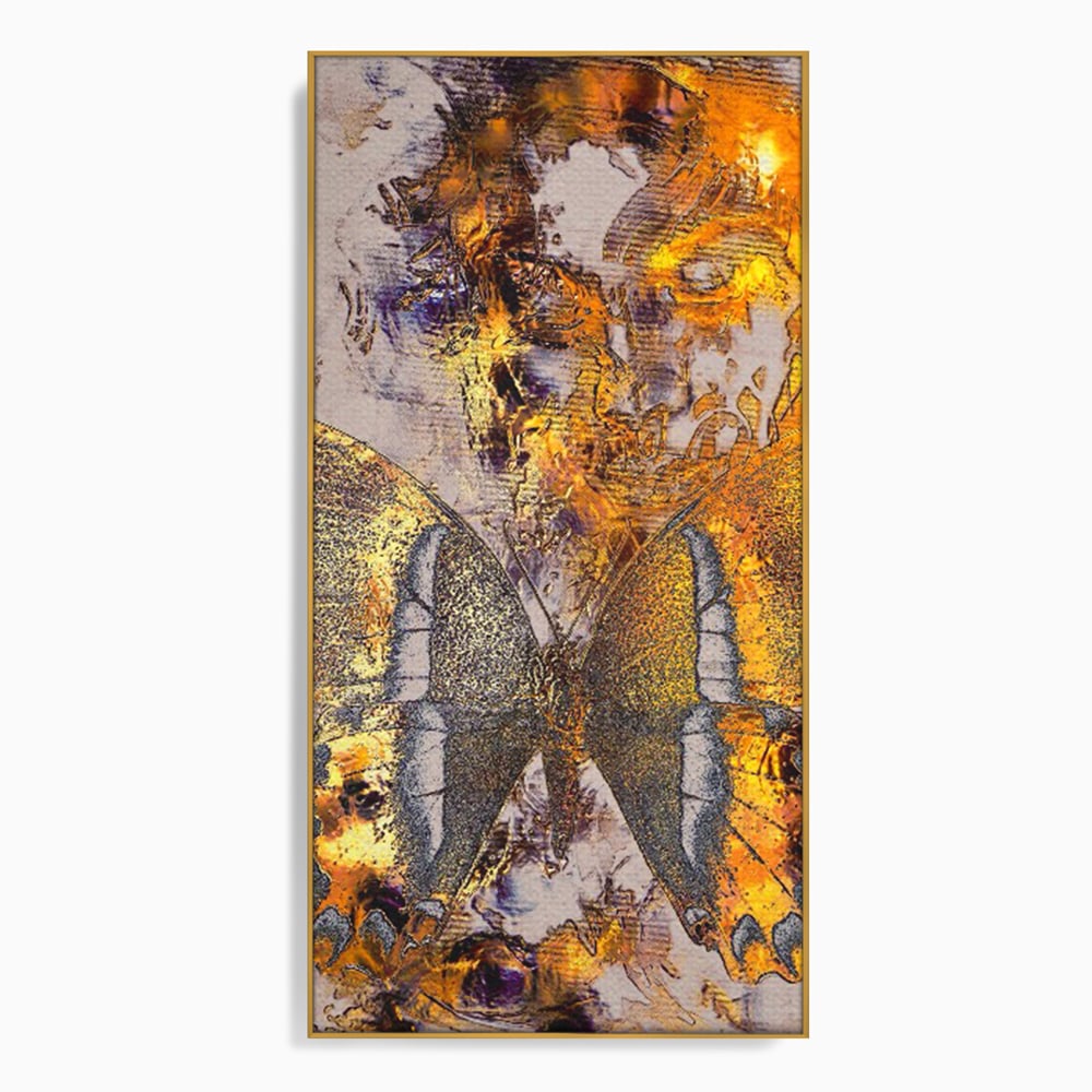 Tablou canvas cu tablou vertical cu fluture auriu si texturi abstracte, in rama de aluminiu auriu