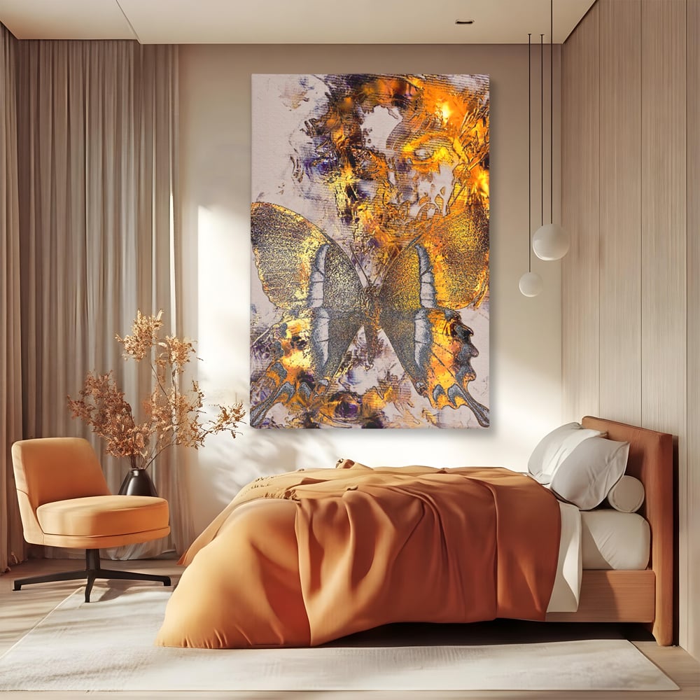 Tablou canvas cu tablou vertical cu fluture auriu si texturi abstracte, fara rama, pe sasiu de lemn, pe perete intr-un dormitor